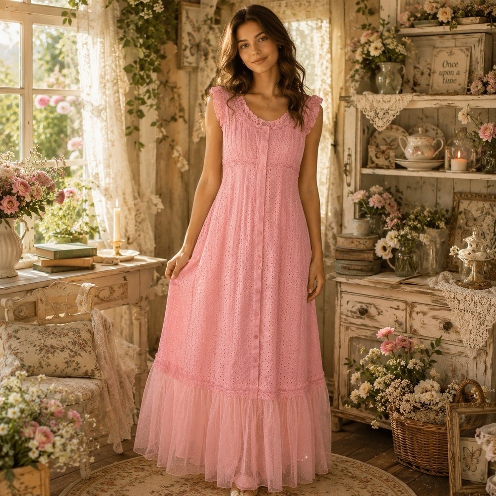 Delia's Dolls Kill Junebug Feels Eyelet Maxi Dress Pink NWT Barbie Cottagecore